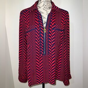 Michael Kors Red & Navy Chevron Zip Blouse/Gold Logo Zipper/Size Large